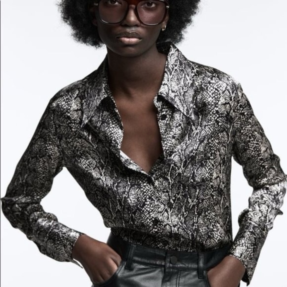 70s Style Retro Satin Button Down Blouse in Grey Snake print, Zara Size S